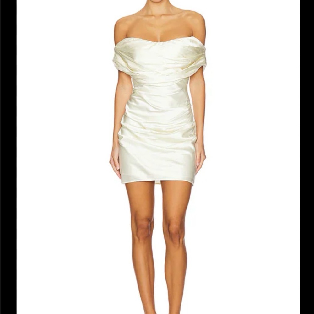 LPA Off-Shoulder Backless Ruched Mini Dress in Ivory - Picture 3 of 9